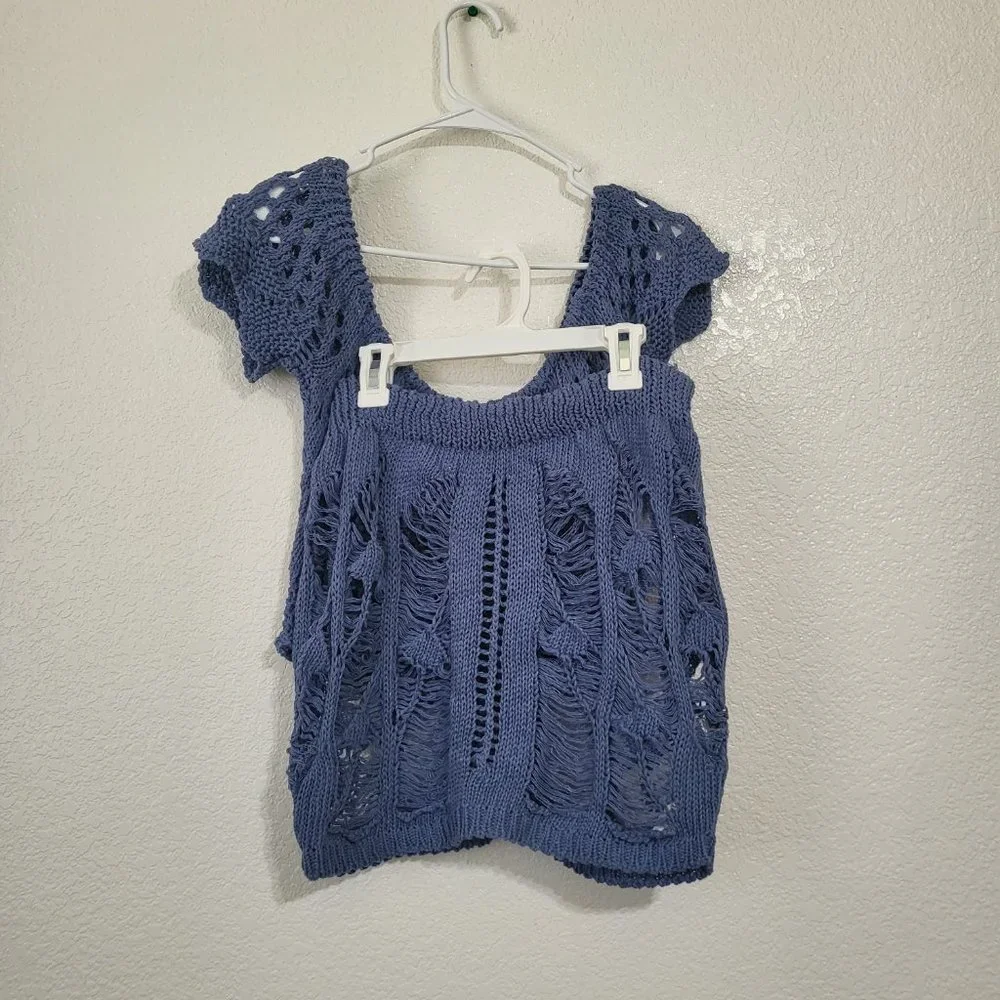 Women's PrettyLittleThing Petite Blue Crochet Knit Bardot Top and Skirt Set Sz 8